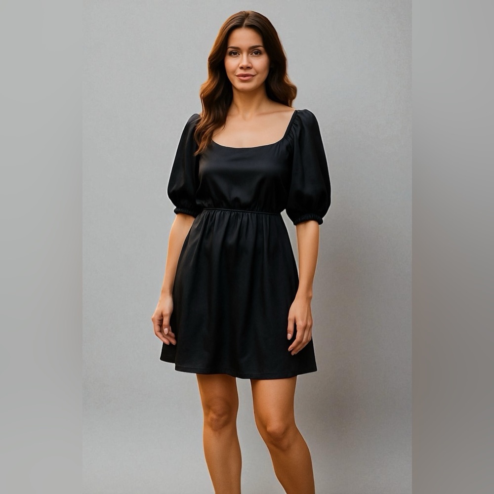 Altar’d State Satin Puff Sleeve Peekaboo  Sides Black Satin Mini Dress Size: XS
